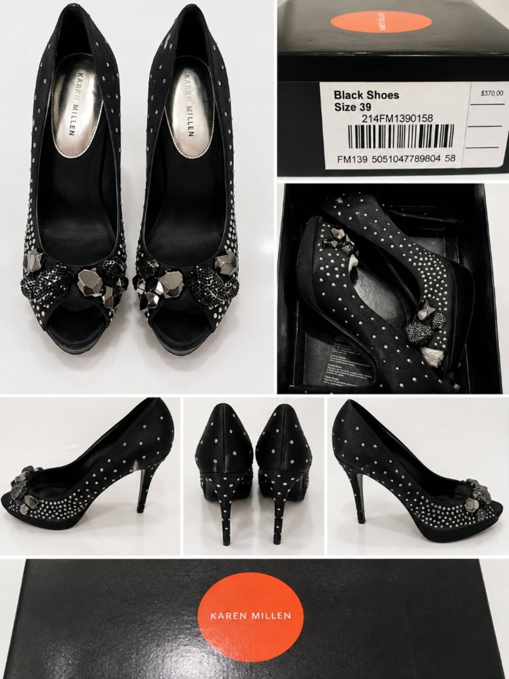 Karen Millen Black Crystal Embellished Peep Toe Heels EU 39 US 8.5